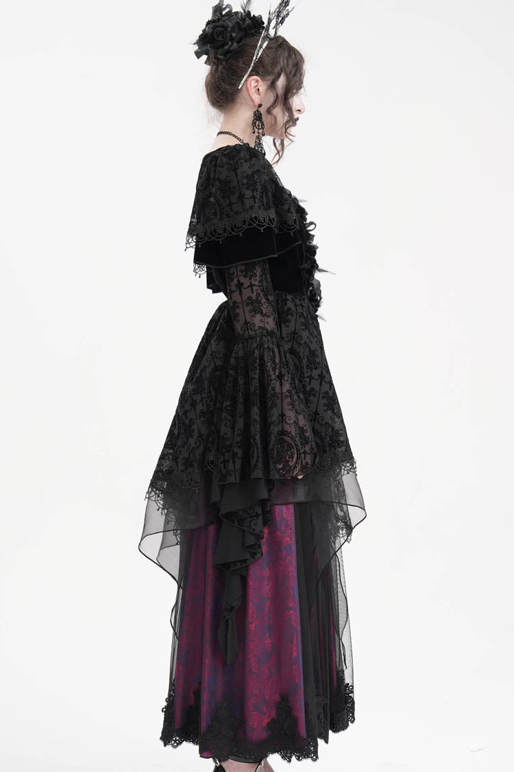 Schwarz/lila gehäkeltes langärmliges Hanayome-Spitzen-Gothic-Kleid für Damen