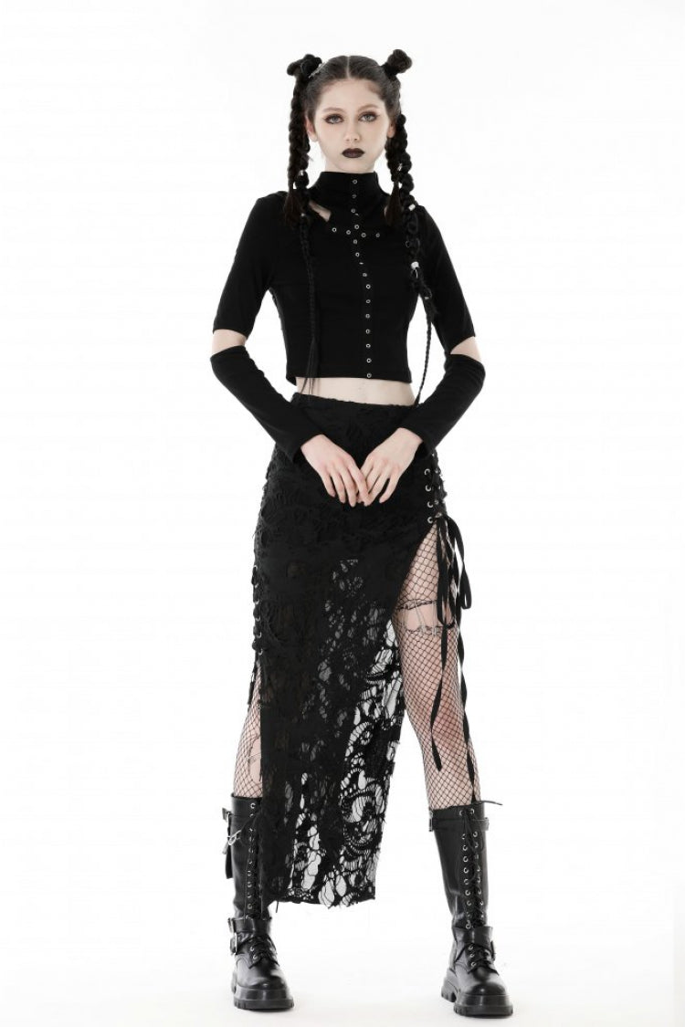 Schwarzes, langärmliges Punk-Crop-Top für Damen mit Kreuzösen und gerippter Kapuze