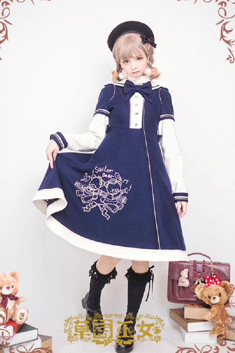 Bear Print Embroidery Long Sleeves Bowknot Sweet Lolita Woolen Coat 2 Colors