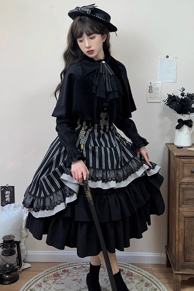 Black Point Manor Multi-layer Striped Print Ruffle Gothic Lolita Skirt