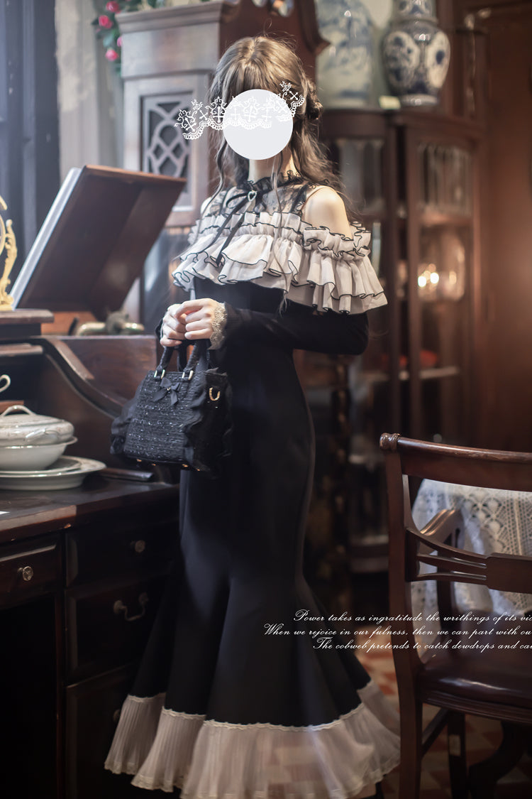 Black [Night Cherry Blossoms] Long Sleeves Ruffle Bowknot Daily Sweet Elegant Lolita Fishtail Dress