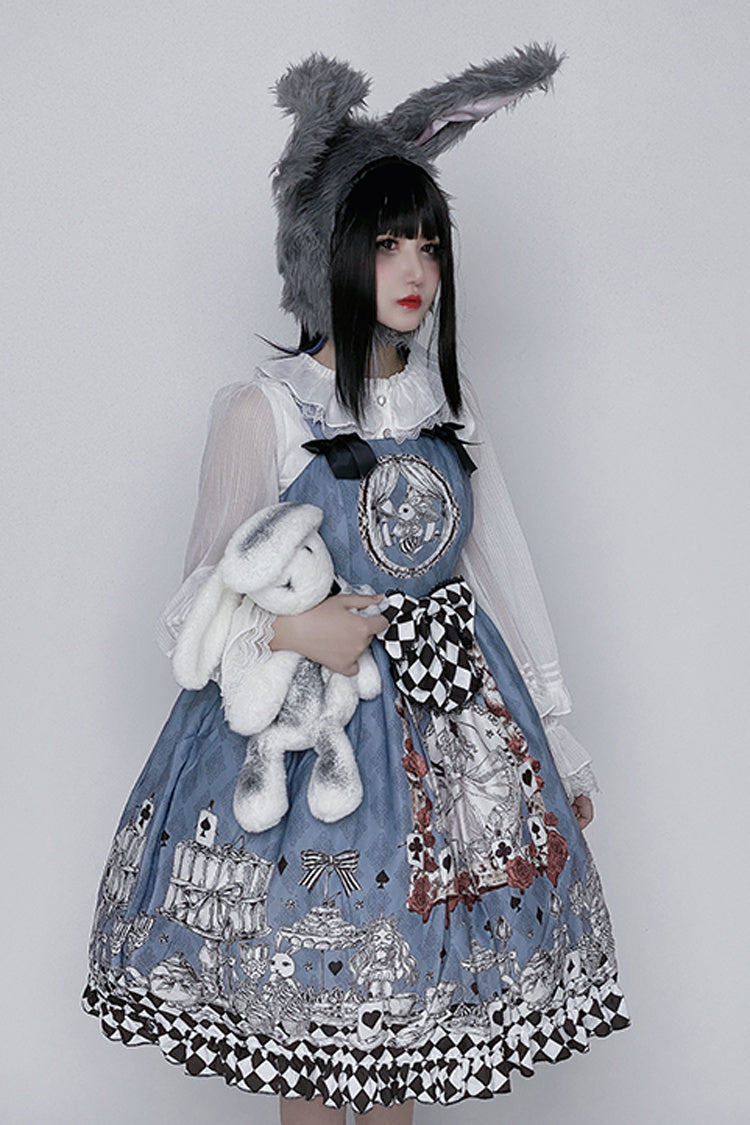 Multi-Color Blue Alice Bunny and Princess Party Print Sleeveless Bowknot Classic Gothic Lolita JSK Dress
