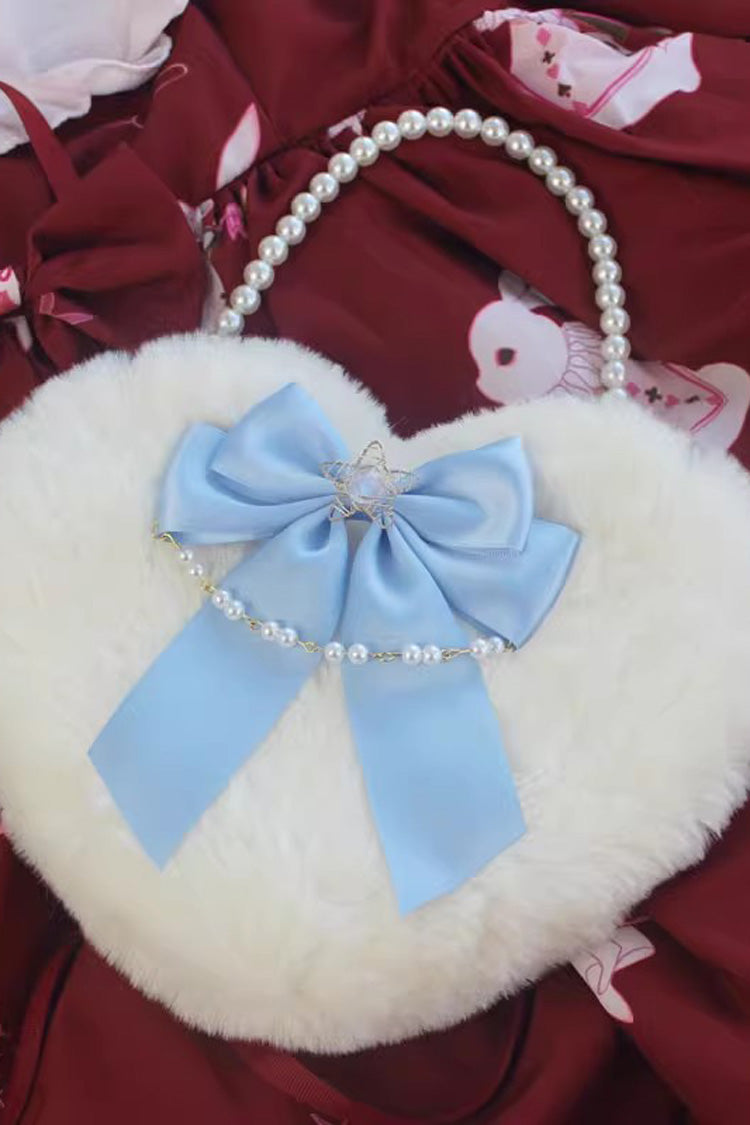Sac à main Lolita doux avec nœud papillon en forme de cœur duveteux et perles, 17 couleurs 