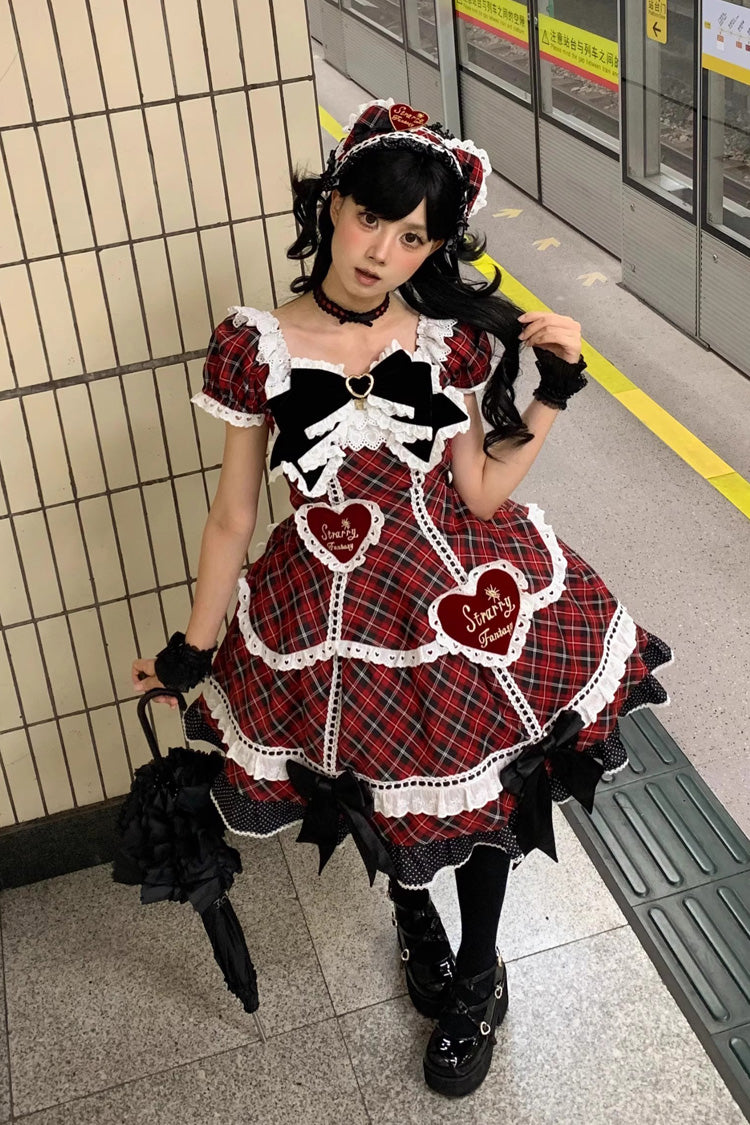 Red [Shibuya Sweetheart] Short Sleeves Plaid Print Ruffle Bowknot Sweet Lolita OP Dress (Plus Size Support)