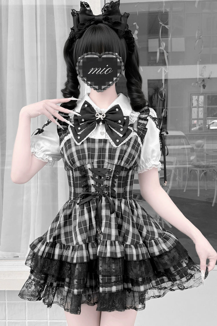 [Boîte au trésor clé coeur] col à revers manches courtes imprimé nœud à volants à lacets japonais Jirai Kei robe ensemble Short et haut 3 couleurs