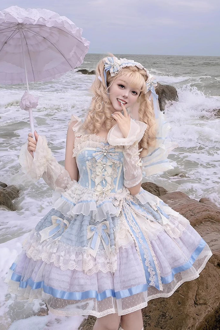 Blue [Moonstone] Sleeveless Ruffle Embroidery Bowknot Lace Fishbone Sweet Princess Lolita Dress