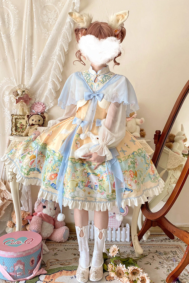 Multi-Color Fairy Rabbit Print Ruffle Bowknot Sweet Chinese Style Princess Lolita Dress