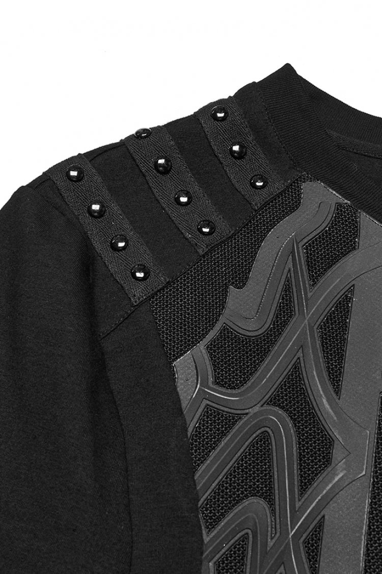 T-shirt punk pour homme à manches courtes et col rond noir avec sangle à boucle cloutée 