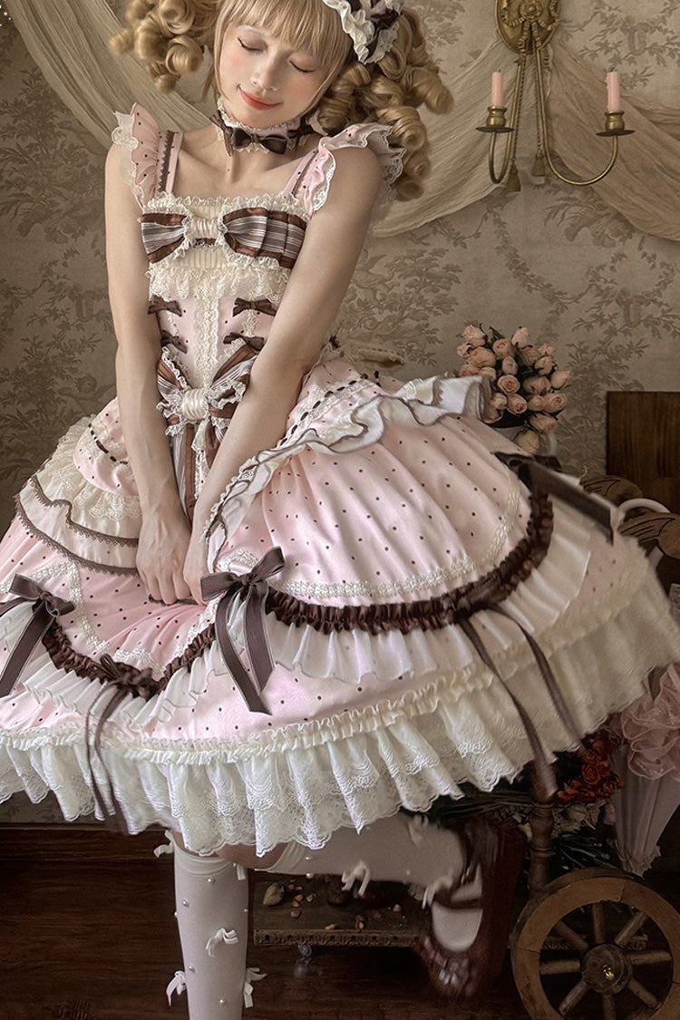 Pink [Shengqiao Tata] Sleeveless Print Ruffle Bowknot Lace-Up Sweet Elegant Lolita Jsk Dress
