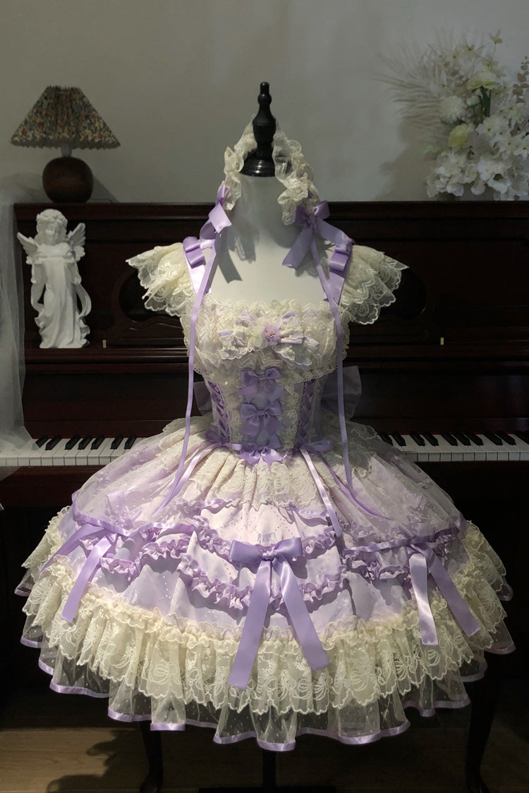 Purple [Dreaming Butterfly] Multi-Layered Jacquard Ruffle Bowknot Lace Sweet Princess Lolita Jsk Dress