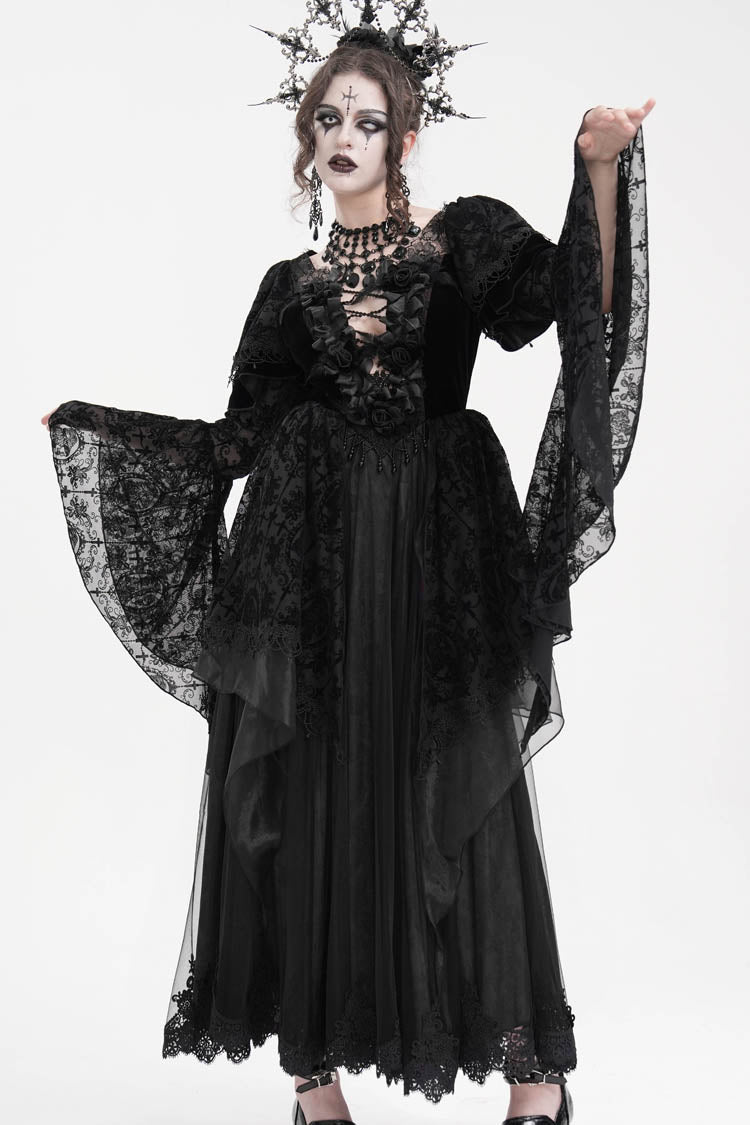 Schwarzes gehäkeltes Gothic-Kleid mit langen Ärmeln aus Hanayome-Spitze für Damen