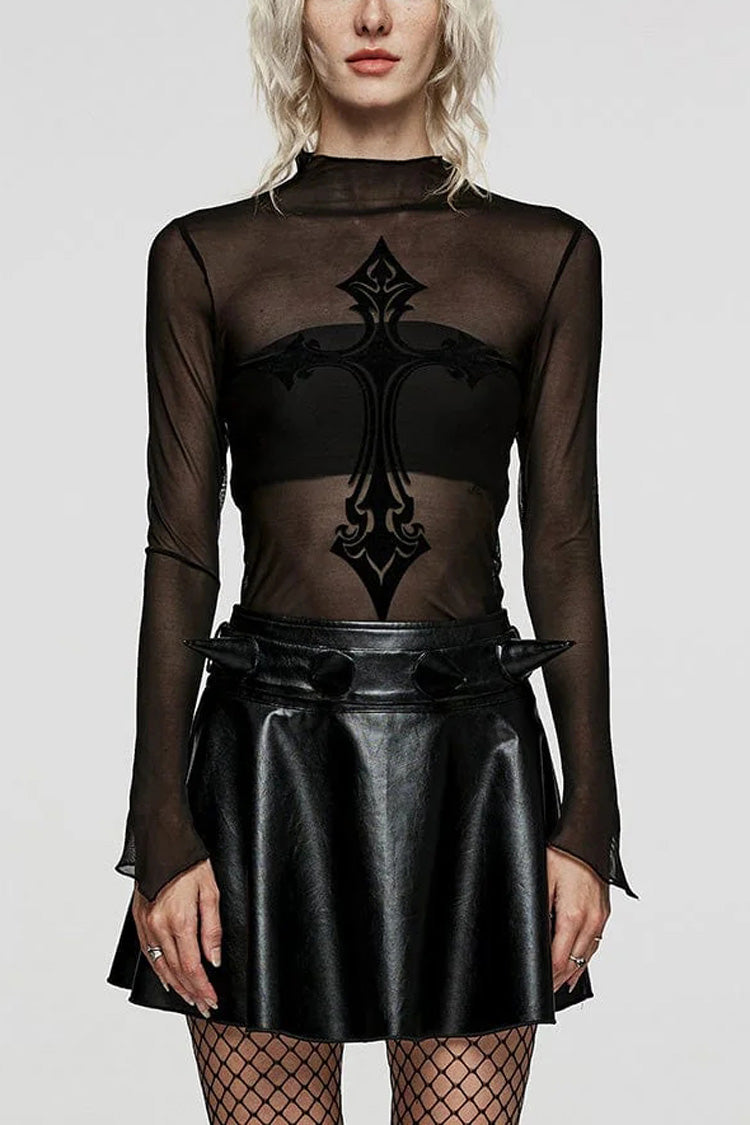 Black Long Sleeves Cross Print Slim Sheer Womens Gothic T-Shirt