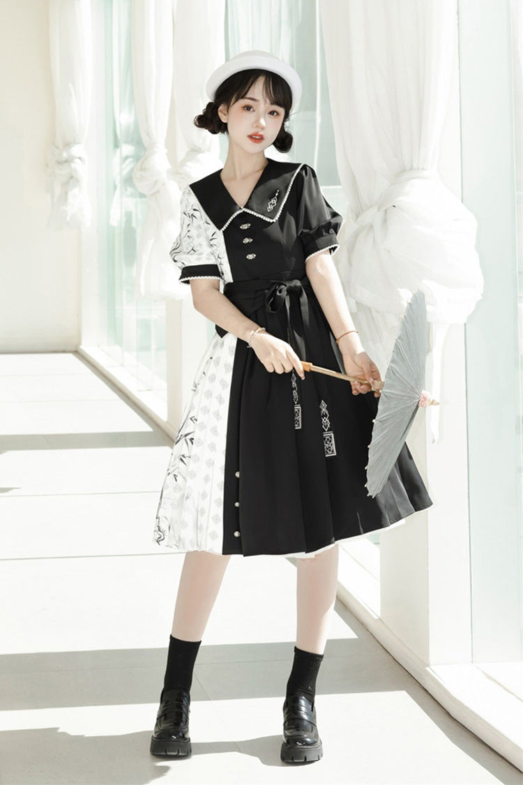 Black/White Stitching Chinese Style Bamboo Print High Waisted Sweet Lolita Dress