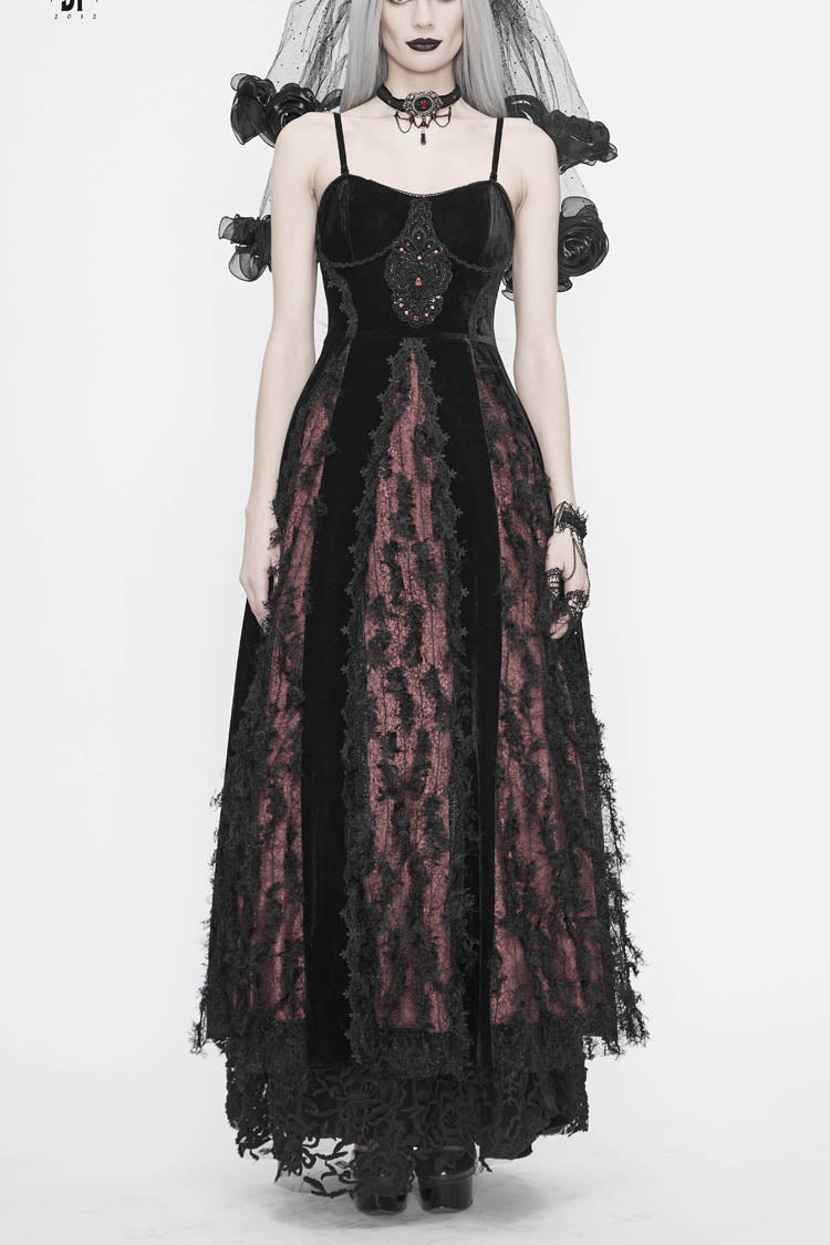 Red Front Chest Decals Dense Velvet Long Women's Gothic Sling Dress