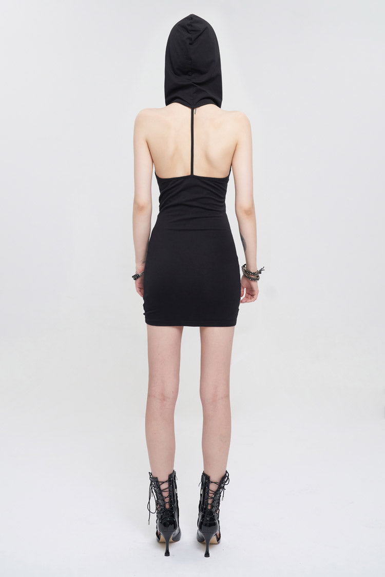 Black Cross Straps Backless Hooded Sleeveless Hip Wrap Women's Punk Dress
