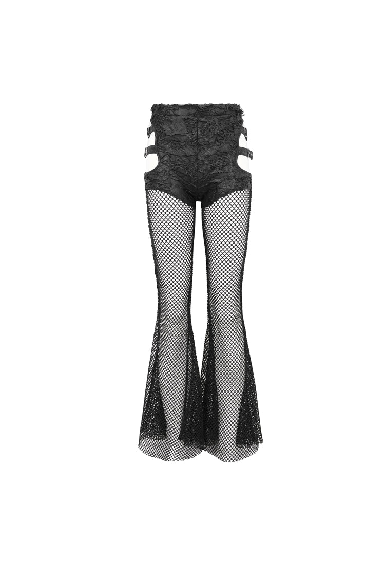 Black Stretch Knit Panel Mesh Cutout Flare Women's Gothic Trousers