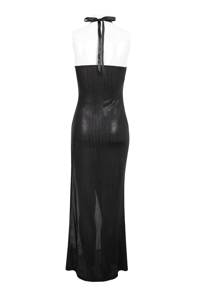Black Chest Cutout Chain Halter Neck Lace High Slit Long Women's Punk Dress
