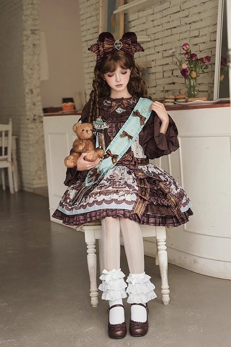 Brown [Teddy Bear Chocolate] Sleeveless Print Ruffle Side Cardigan Bowknot Asymmetric Sweet Lolita Strap Dress