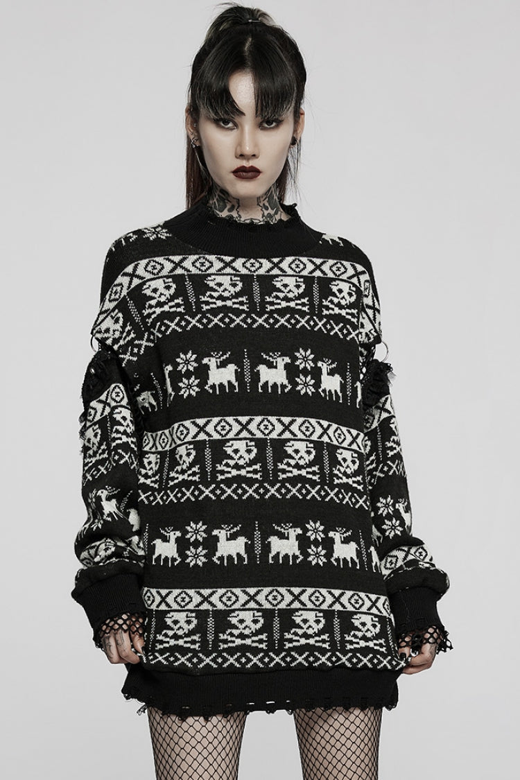 Black/White Stand Collar Long Sleeves Skull Deer Print Grunge Women's Gothic Loose Sweater