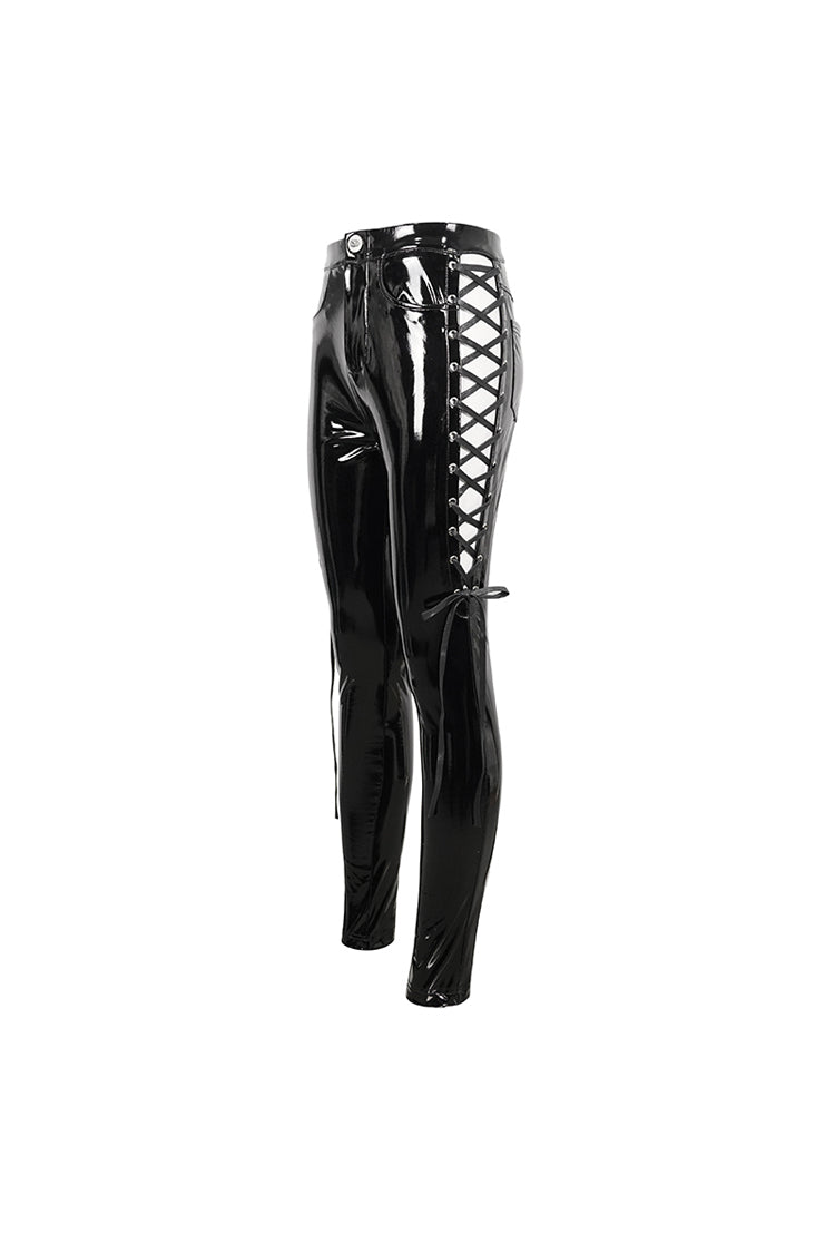 Black Patent Leather Side Cutout Lace Up Women's Punk Pants