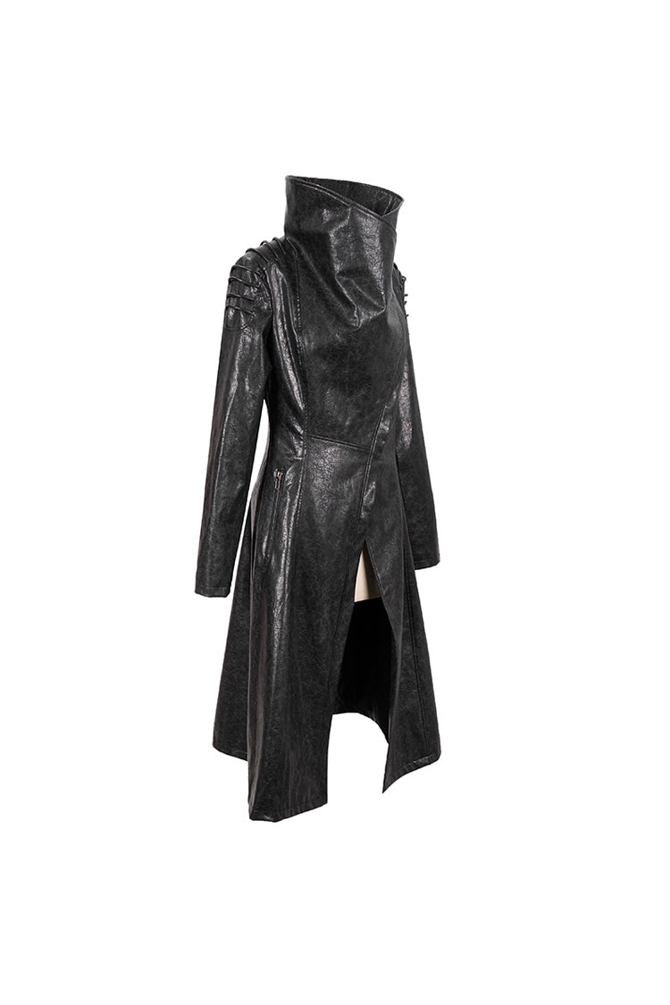 Black/Gray Large Neckline Design Long Leather Shoulder String Decoration Women's Punk Jacket