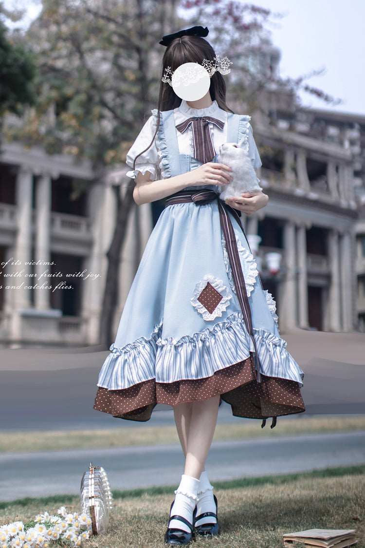 Blue [Magic Vocal Club] Sleeveless Print Ruffle Bowknot Sweet Alice College Style Elegant Lolita Jumper Dress