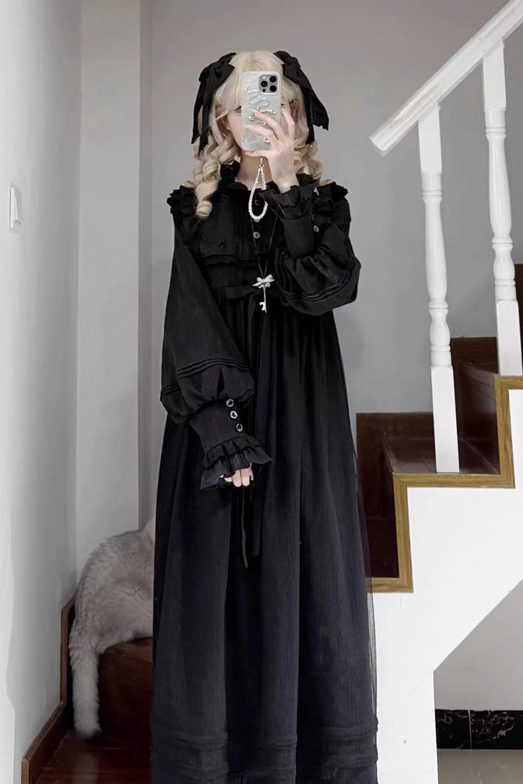 Chemise de Nuit Gothique Lolita à Manches Longues Noires avec Volants et Nœud en Dentelle 