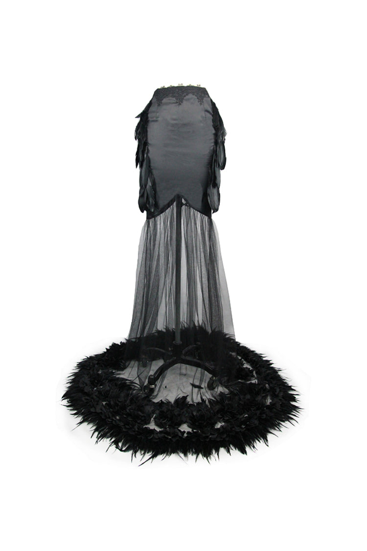 Black Mesh Fishtail Flower Feather Hem Long Satin Women's Gothic Skirt