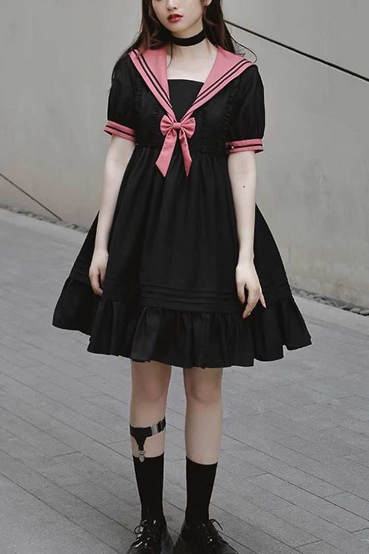 Black Voyage To Atlantis Navy Style Short Sleeves Ruffle Gothic Lolita Dress