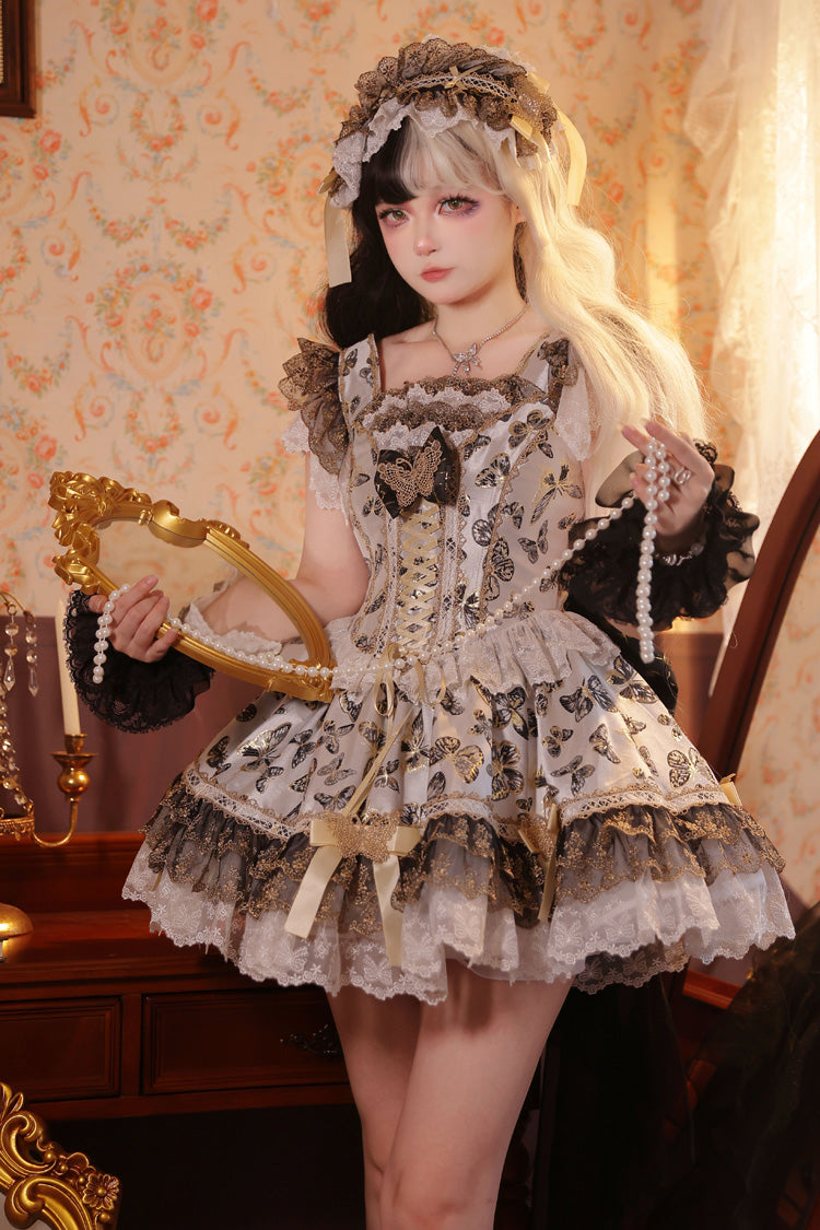 Cream [Golden Spirit • Dream Butterfly] Sleeveless Print Ruffle Bowknot Lace-Up Sweet Princess Lolita Jsk Dress Set