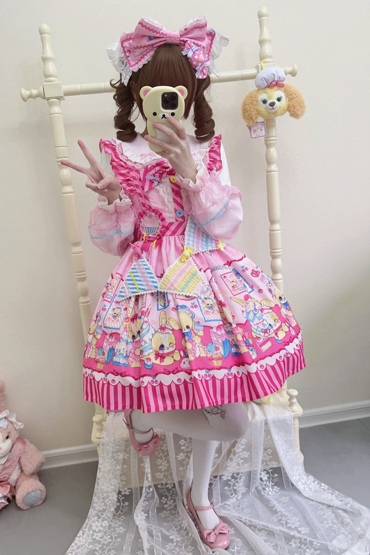 [Bunny Pastry Chef] Print Bowknot Gothic Japanese Lolita Jsk Dress 3 Colors