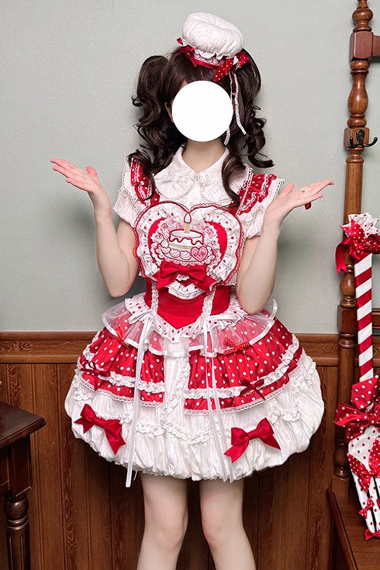 Red/White [Twin Bears] Birthday Cake Sleeveless Print Ruffle Bowknot Lace Sweet Lolita Big Flower Bud Dress