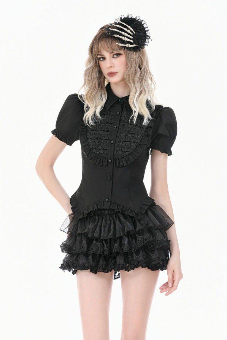 Black Pointed Turn‑down Collar Ruffled Short Puff Sleeves Pleated Women's Gothic Victorian Slim Blouse
