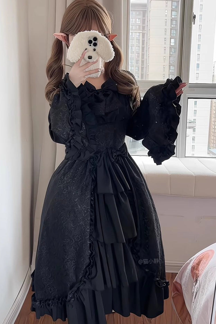 Black Long Hime Sleeves Multi-Layered Ruffle Cardigan Bowknot Gothic Plus Size Lolita Dress