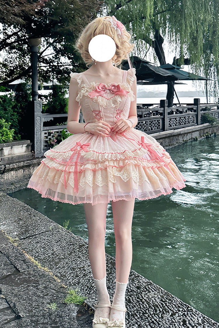 Pink [Candy House] Sleeveless Ruffle Bowknot Lace Lace-Up Sweet Lolita Jsk Dress