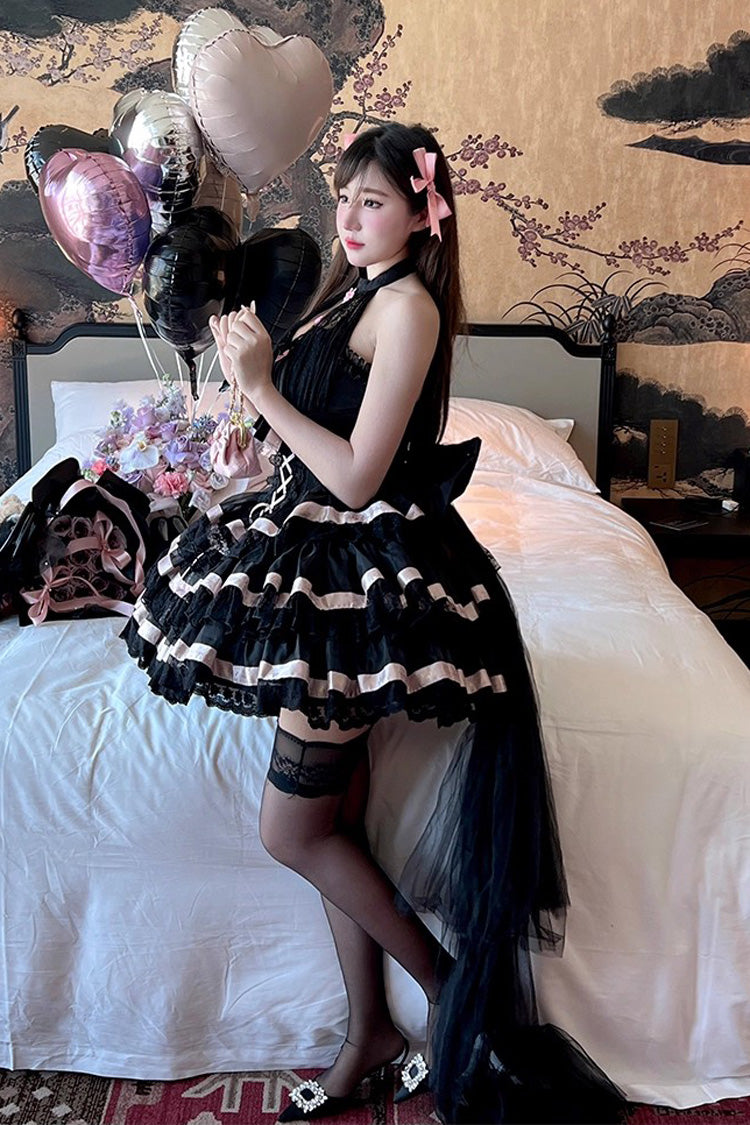 Black [Ballet Dream] Halterneck Triple-Layered Ruffle Bowknot Lace-Up Sweet Princess Lolita Dress