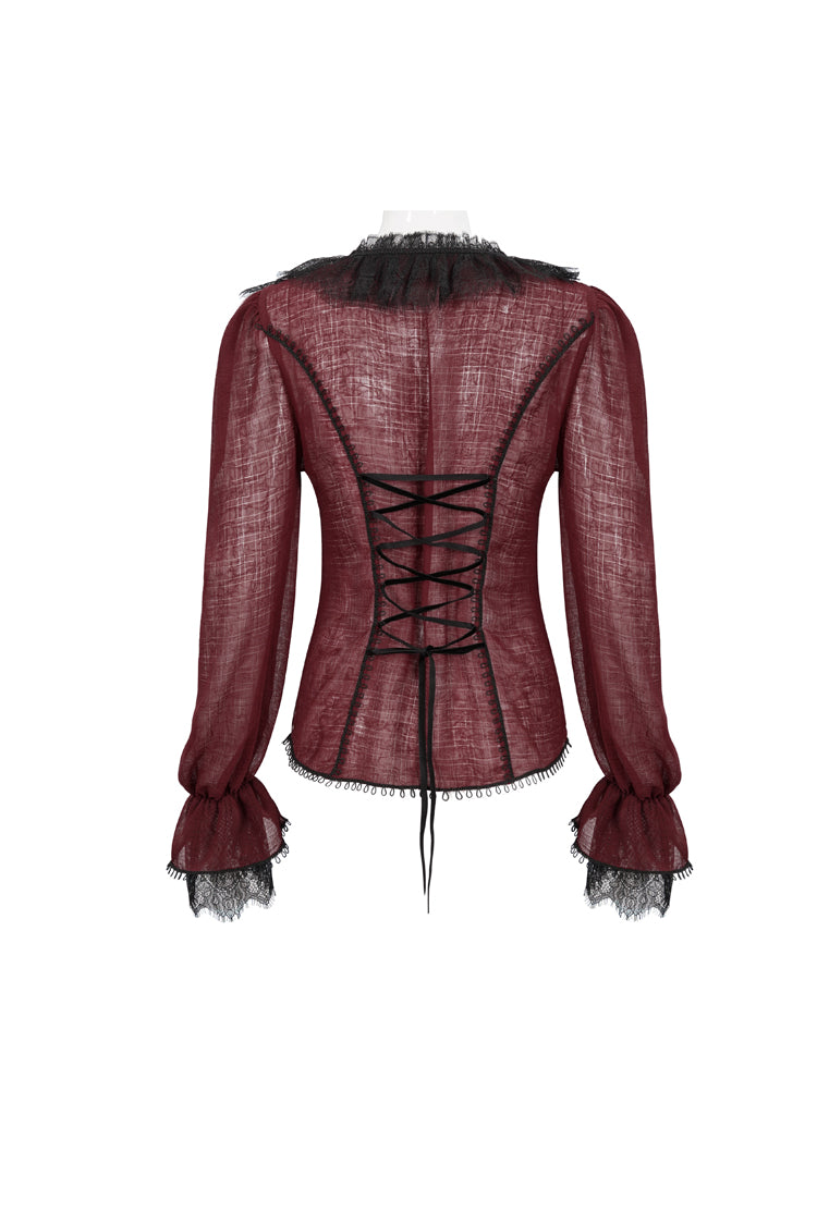 Red Thin Waist Plaid Stitching Layered Lace Long Sleeves Women's Gothic Shirt
