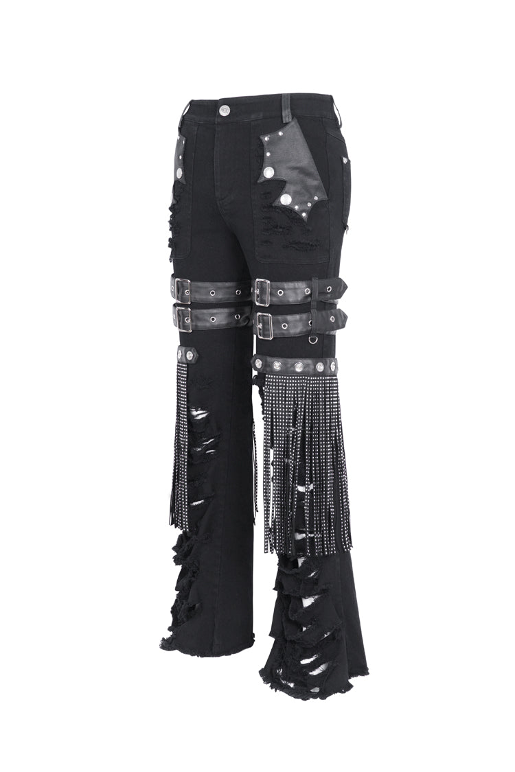 Black High Waisted Ripped Detachable Tassels  Men's Punk Pants