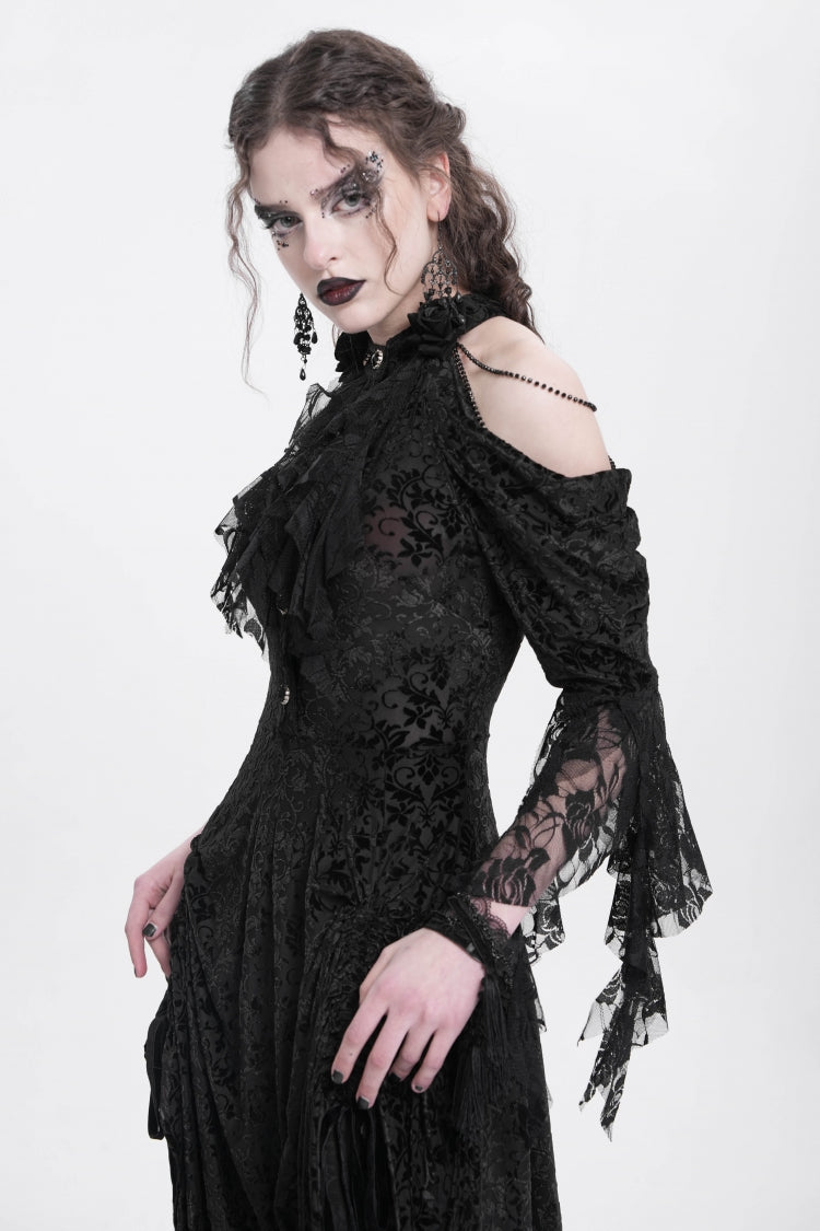 Black Off Shoulder Drawstring Jacquard Embroidery Women's Gothic Party Dress