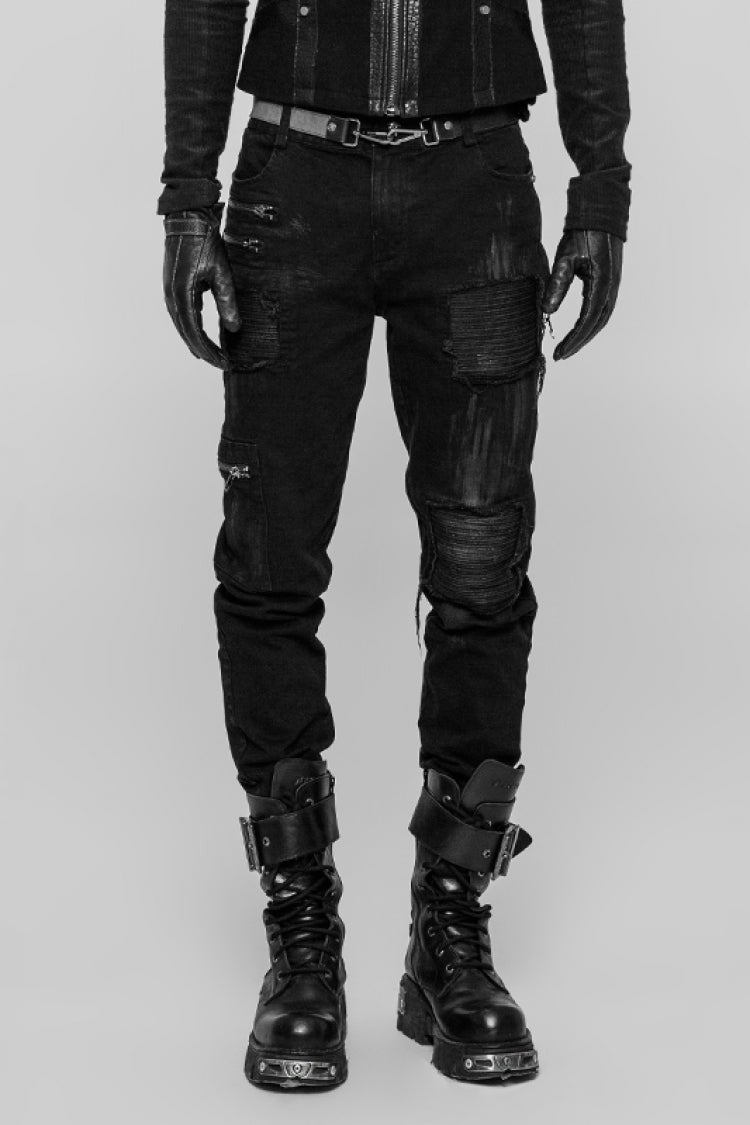 Black Hand-Painted Crafts Stitching Ripped Men's Steampunk Jeans Pants