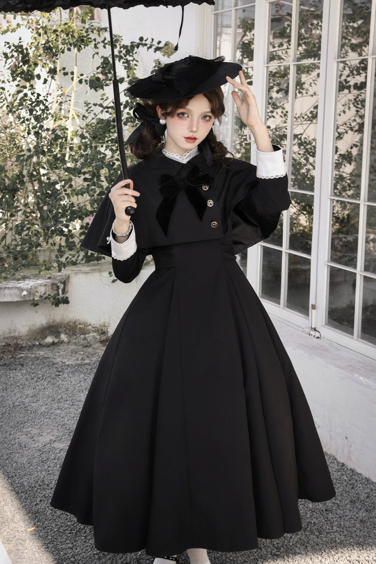 Black [Miss Donya] Stand Collar Long Sleeves Bow Gothic Elegant Lolita OP Dress