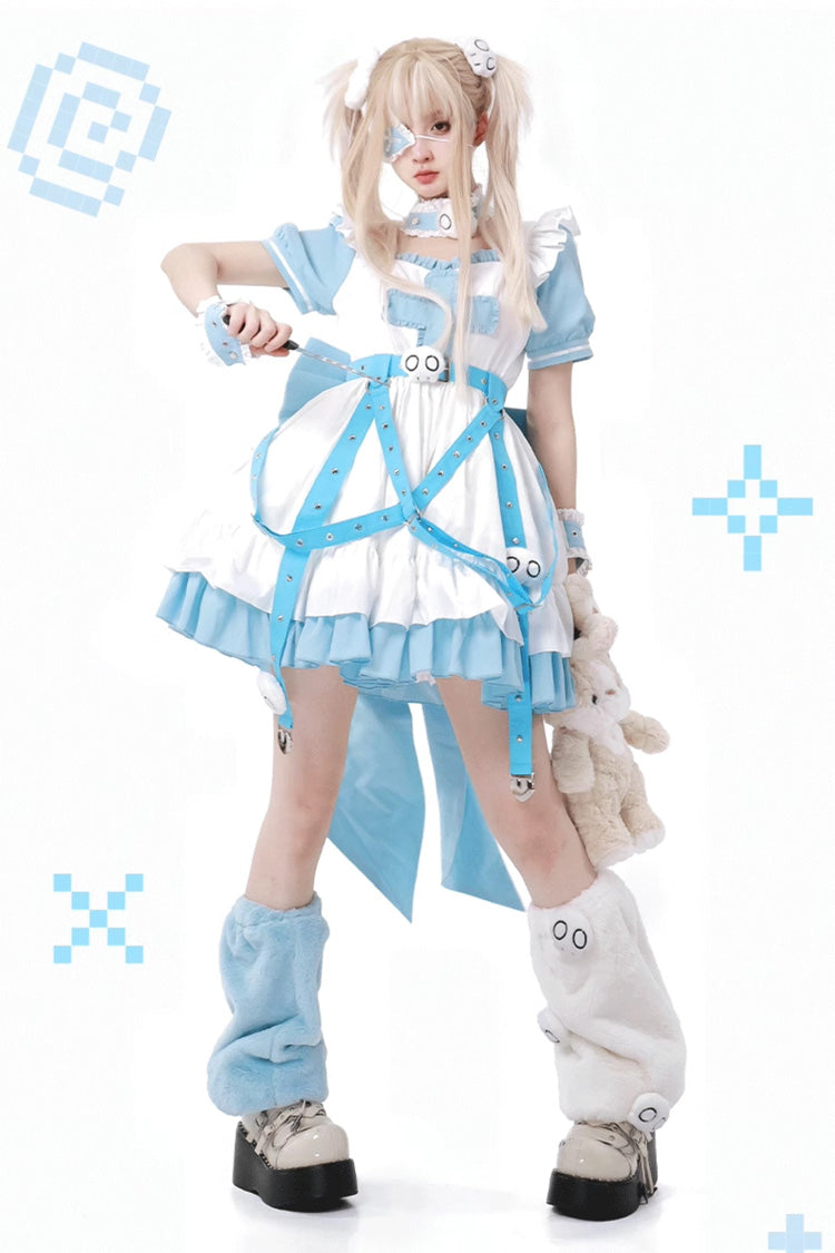 White/Blue [Treatment Room] Short Sleeves Ruffle Embroidery Jirai Kei Dress Set