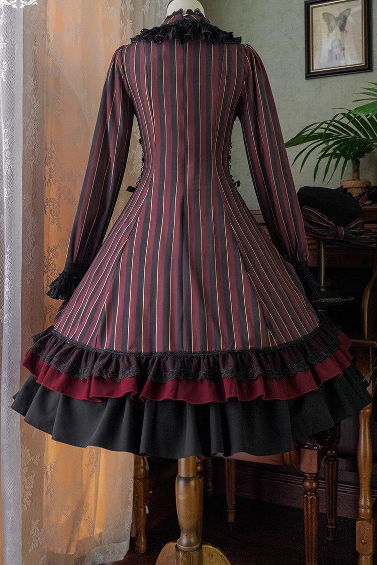 Point Manor Stand Collar Long Sleeves Multi-layer Striped Print Ruffle Gothic Lolita Dress 4 Colors