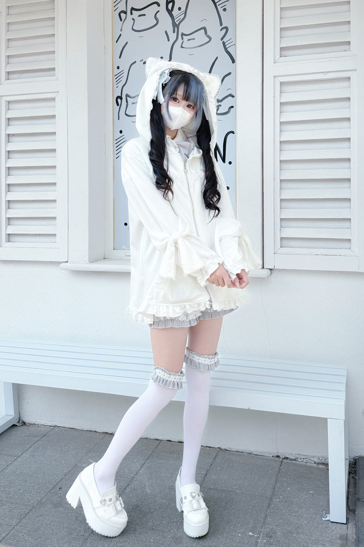 White Long Sleeves Cat Ears and Tail  Ruffle Bowknot Hooded Gothic Jirai Kei Coat