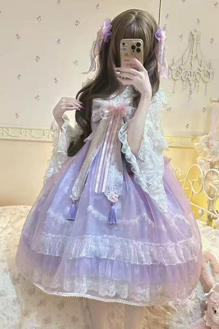 [Peach Blossoms in Spring Fields] Sleeveless Ruffle Bowknot Lace Sweet Chinese Style Lolita Jsk Dress 3 Colors