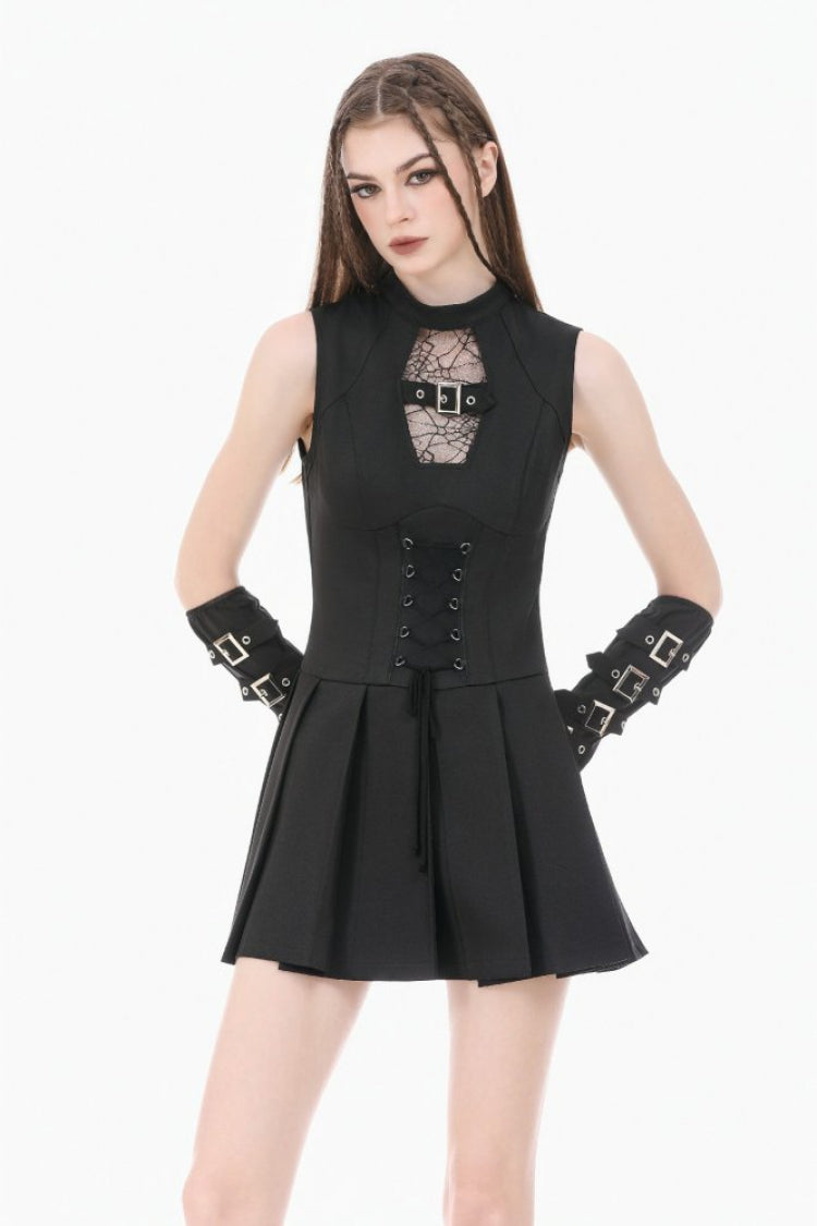 Schwarzes, ärmelloses, ausgeschnittenes, durchsichtiges Netz-Punk-Minikleid mit Schnürung aus Spinnennetz für Damen