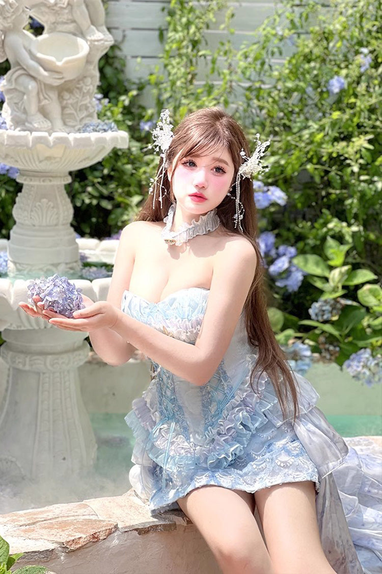 Blue [Mermaid's Tears] Island Romance Print Embroidery Lace Sweet Lolita Skirt Set