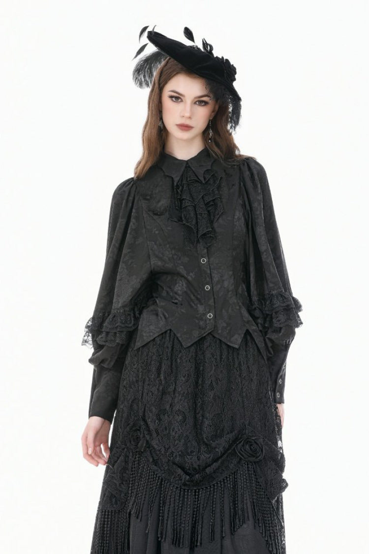 Black Point Collar Long Bishop Sleeves Rose Jacquard Irregular Hem Women's Gothic Blouse with Detachable Tie