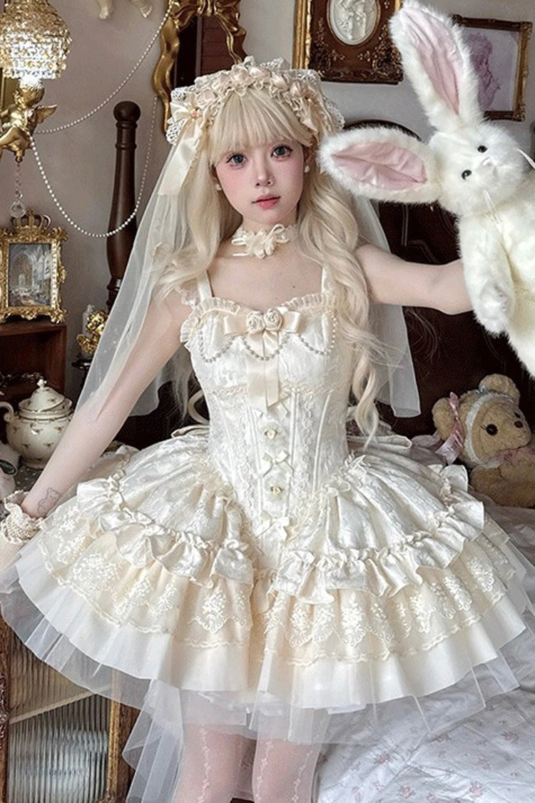 Ivory [Fleeting Light and Shallow Dream] Sleeveless Multi-Layered Ruffle Bowknot Lace Slim Sweet Ballet Lolita Jsk Dress