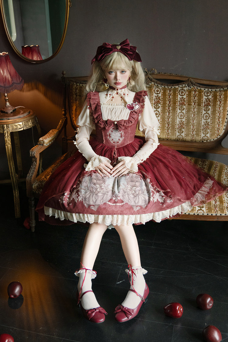 Red Bunny Tea Party Print Ruffle Bowknot Sweet Lolita Jsk Dress